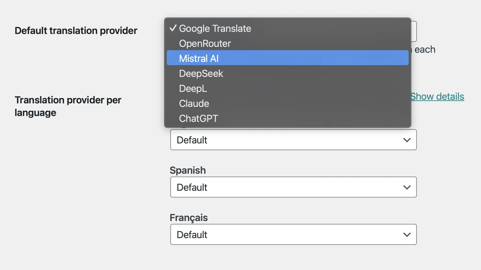Select the translation API for each language